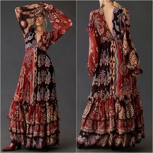 Anthropologie FARM Rio Dress Sweet Mermaids Multicolor Paisley Long Sleeve Maxi